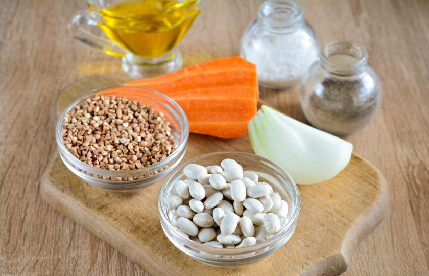 1. Этап. Гречка с фасолью: 1. Подготовьте продукты по списку.