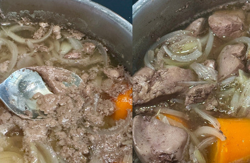 1. Этап. Паштет из индюшачьей печени: Накипь начнет выделяться после закипания. Это обязательно. Очень тщательнее я ее собирал. Нудно, а что поделать.