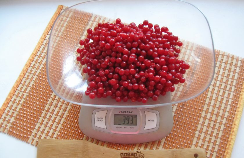 1. Этап. Калина на зиму: Взвесьте ягоды калины, чтобы определить чистый вес без веточек.