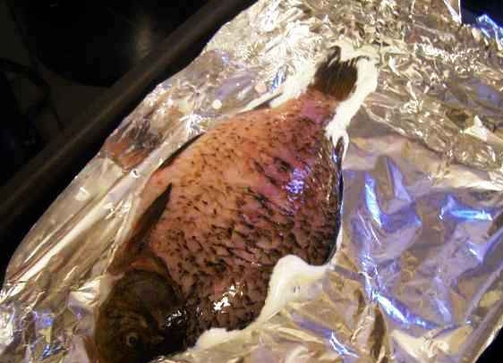 1. Этап. Карась в сметане: Противень застилаем фольгой. Выкладываем на фольгу нашего карася - смазанной стороной вниз.