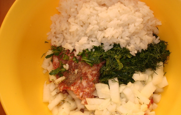 1. Этап. Жареные кабачки с мясом: Смешиваем свиной фарш, отварной рис, измельченную луковицу и зелень. Соль и перец по вкусу.