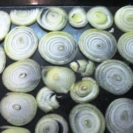 1. Этап. Мясо по-французски из куриного фарша: Лук чистим, нарезаем тонкими кольцами и выкладываем на слегка смазанный маслом противень.