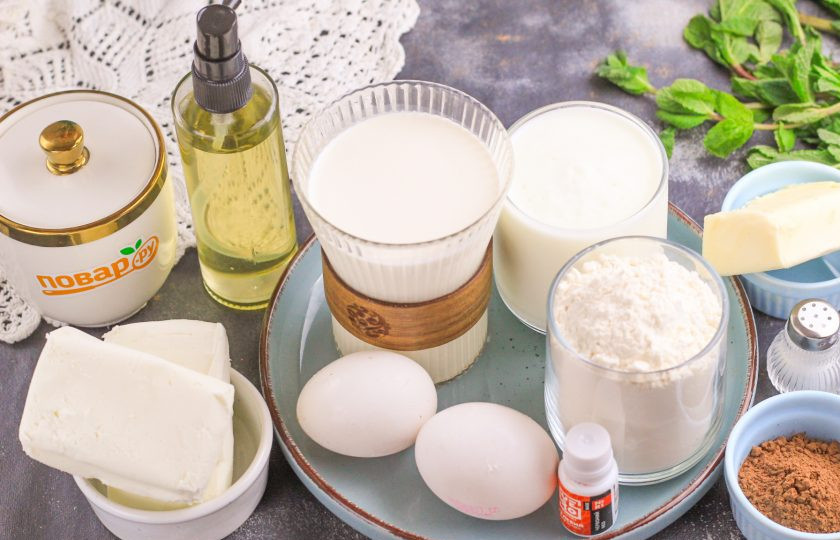 1. Этап. Трайфлы Красный бархат: Подготовьте указанные ингредиенты. Краситель лучше всего использовать гелевый, он не выгорает при выпекании теста.