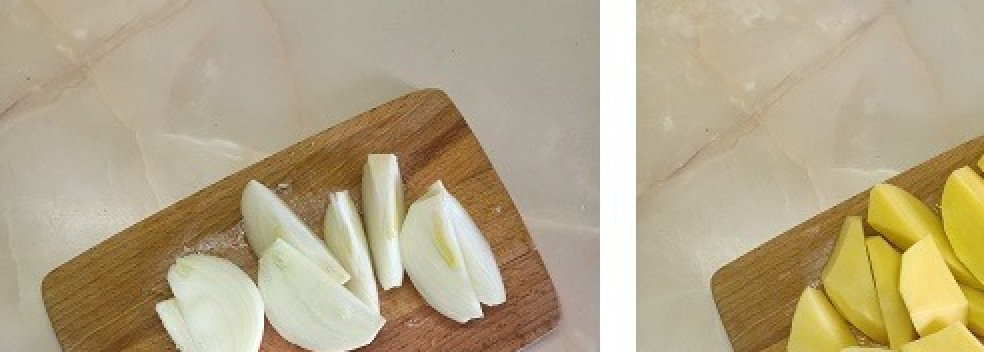 1. Этап. Вареники с мясом и картофелем: Почистить картошку с луком и разрезать их на несколько частей.