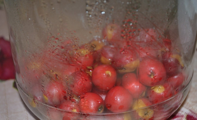 1. Этап. Компот из боярышника: 1. Ягоды боярышника хорошо промойте. Стеклянную банку (у меня на 3 литра) хорошенько вымойте и простерилизуйте. Выложите в нее ягоды.