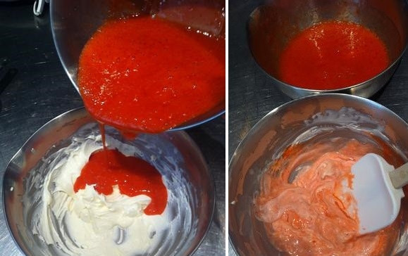 1. Этап. Мусс из ягод: 4. Ягодное пюре соедините сначала со сливками.