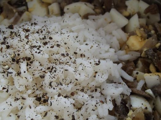 1. Этап. Пирожки с грибами и яйцом: Выкладываем отваренный рис, солим и перчим все.