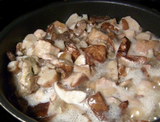 1. Этап. Икра из белых грибов: Подготовленные грибы кладем на сковородку и жарим без добавления растительного масла до тех пор, пока со сковородки не испарится вода, выделяемая грибами.