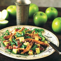 Spinach Salad with Smoked Chicken, Apple, Walnuts, and Bacon