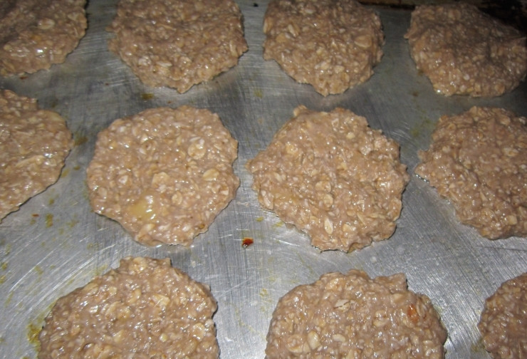 1. Этап. Печенье из банана и овсянки: Смажьте противень растительным маслом, выкладывайте на него бананово-овсяную массу ложкой, формируя круглые или овальные печенья. Разогрейте духовку до ста восьмидесяти градусов, запекайте печенье тридцать минут до образования золотистой корочки.