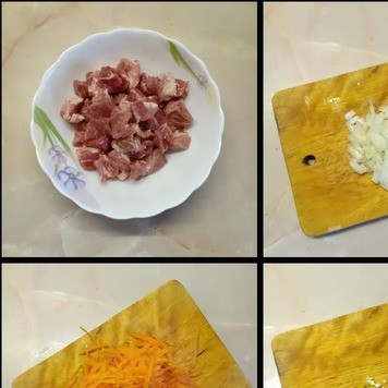 1. Этап. Картошка с мясом в духовке: Морковь натереть на крупной терке, лук нарезать небольшими кубиками, чеснок мелко покрошить. Картофель нарезать средними кубиками. Мясо хорошо промыть, нарезать кусочками, примерно 3х3 см.