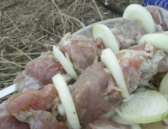 1. Этап. Настоящий шашлык из баранины: Нанизайте мясо на шампура чередуя с кольцами лука и жарьте до готовности, периодически смазывая винной заправкой. Сразу подавайте на стол.