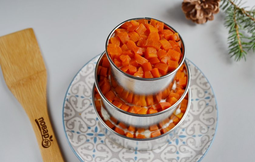 1. Этап. Салат-торт Селедка под шубой: Установите третье кольцо, повторите все слои. Отправьте салат на 30-40 минут в холодильник, чтобы 