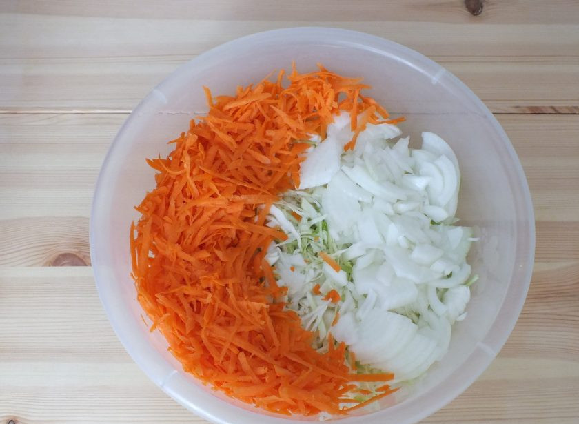 1. Этап. Салат Огород на зиму: Нашинкуйте тонко капусту и лук, на крупной терке натрите морковь. Переложите в глубокую чашу.