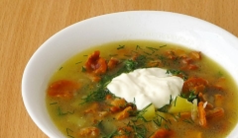 1. Этап. Суп грибной из лисичек: Готовый суп присыпаем укропом и подаем со сметаной.