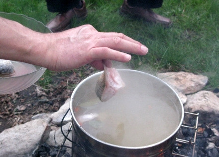1. Этап. Уха на природе: В бульон добавьте картофель и варите до готовности. Затем верните морковь, нарезанную ломтиками, положите порционные куски рыбы, подготовленные прежде, и готовьте уху на костре еще 15 минут.
