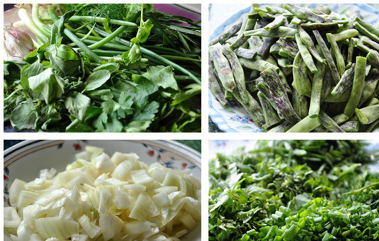 1. Этап. Борани из цыплят со стручками фасоли: Подготовьте зелень и фасоль: зеленый лук, зелень чабера, базилика, укропа, эстрагона и кинзы нужно промыть и обсушить. У стручковой фасоли оторвите хвостики, разрежьте фасоль пополам. Мелко нарежьте репчатый лук и зелень.