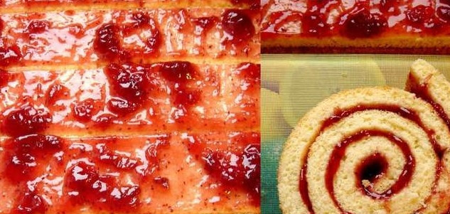 1. Этап. Торт марика: Затем подравняйте края бисквита так, чтобы рулет был ровным. Смажьте всю поверхность джемом (у меня ушло грамм 200), а потом разрежьте на полосы по 3 см шириной. Полосы заворачиваем в рулет, как на фото.