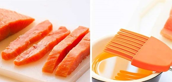 1. Этап. Рыбные палочки в миндальной панировке: 3. Рыбу нарежьте средними ломтиками. С помощью кисточки смажьте маслом со всех сторон.