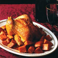 Roast Chicken with Maple Pepper Glaze and Sweet Potatoes