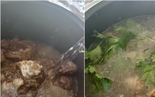 1. Этап. Харчо с орехами и сливой: Вода. Пропорция: на 2 кг грудинки – 2 литра воды. Довел до кипения, немного убавил нагрев. Варил на умеренном нагреве, пока не перестала выделяться пена. Пену, естественно, убирал. Добавил несколько веток петрушки и кинзы. Присолил слегка. Закрыл агрегат крышкой, переставил в режим «томление», клапан закрыл. и томил уже в режиме «скороварки» под давлением, то есть, полтора часа.