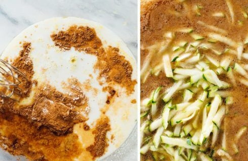 1. Этап. Маффины с цукини: 2. Добавьте яйца, ванильный экстракт, кефир, специи. Взбейте все и выложите цукини и измельченные орехи. Небольшими порциями всыпьте просеянную с разрыхлителем муку.