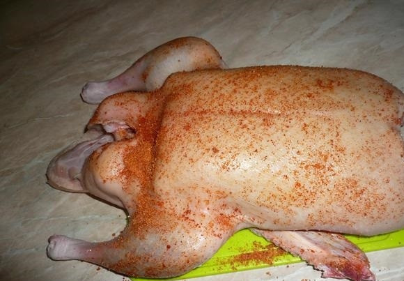 1. Этап. Утка, жареная в духовке: 2. Со всех сторон натрите солью и приправой. Выложите в глубокую мисочку и уберите в холодильник на 8 часов.