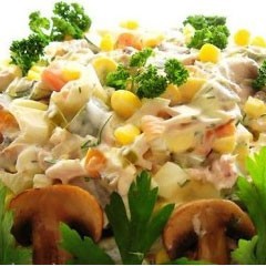 1. Stage. Autumn Salad: Season the Autumn salad with mayonnaise and add chopped dill, garnish with mushrooms.