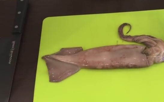 1. Этап. Салат из кальмаров с морковью по-корейски: 1. Отделите тушку кальмара от внутренностей. Для этого прижмите одной рукой тушку, второй потяните за щупальца.