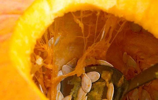 1. Этап. Запеченные тыквенные семечки: 2. Ложкой достаньте мякоть и семечки.