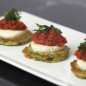 Zucchini Fritters with Fresh Buffalo Mozzarella, Stewed Grape Tomatoes, and Micro Basil