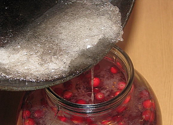 1. Этап. Настойка на самогоне: 4. Слегка помятую клюкву с соком пересыпаем в банку, заливаем ее полученным сахарным сиропом и вливаем до самого верха самогон. Закрываем крышкой, встряхиваем банку и отправляем её в кладовую на 2 недели для настаивания. После чего приступаем к дегустации.