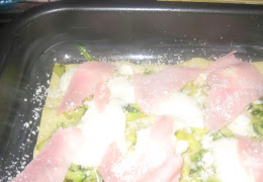 1. Этап. Лазанья из кабачков: Смажьте противень, плотно выложите листы лазаньи. На них немного выложите соуса, 1/3 кабачков и ветчну.Снова соус и немного тертого сыра.