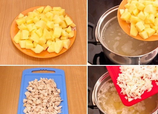 1. Этап. Сырный суп с рисом: 2. Картофель очистите и нарежьте на небольшие кубики. Отваренное куриное филе также нарежьте небольшими кусочками. Далее добавьте в бульон картофель и лук.