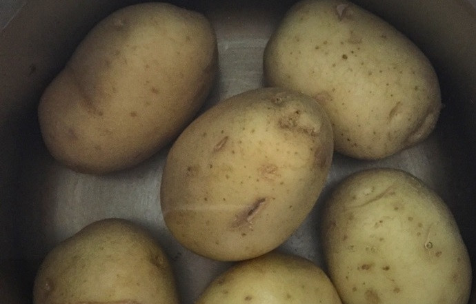 1. Этап. Салат из картофеля и кукурузы: 1. Вымойте картофель, поместите его в кастрюлю с водой, отправьте кастрюлю на огонь, отварите картофель до готовности.