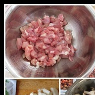 1. Этап. Екатерининские котлеты с грибами: Филе куриной грудки нарезаем ножом небольшими кусочками, очень мельчить не надо, чтобы не потерять вкус мяса. Лук мелко режем, чеснок очищаем от шелухи, грибы моем и нарезаем помельче, выкладываем в чашку сметану и разбиваем туда яйца