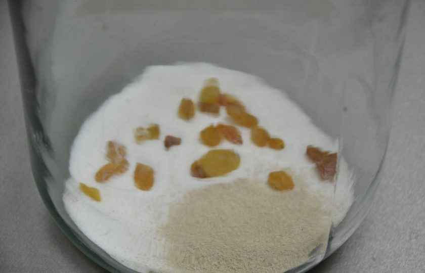 1. Этап. Квас Ядреный: В банку объемом 3 литра всыпьте сахар, сухие дрожжи, изюм.