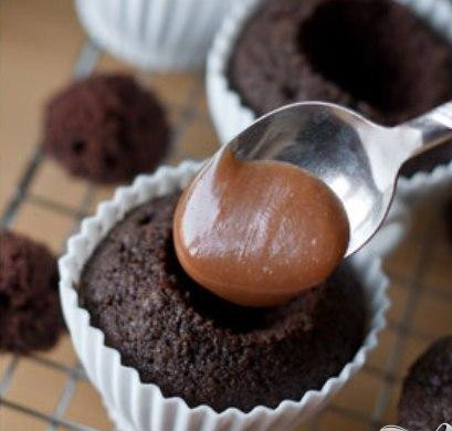 1. Этап. Кофейные маффины с карамелью и взбитыми сливками: 4. Тем временем приготовить карамель. Добавить в горячий кофе какао и перемешать до растворения. Далее добавить горячее молоко и перемешать. Перемешать с сиропом. Заполнить охлажденные маффины примерно 1 чайной ложкой карамели, предварительно сделав углубление в центре.