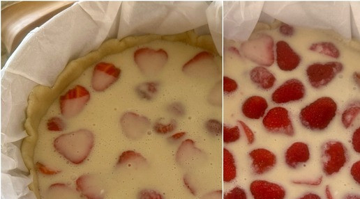 1. Этап. Тарт с клубникой и сметанной заливкой: Потом выложил еще слой ягоды. И вылил остаток начинки. Ягодок еще добавил.