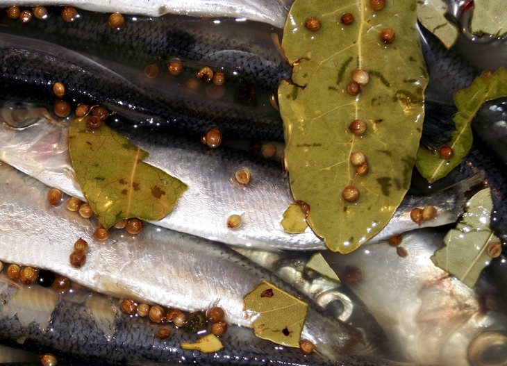 1. Этап. Салака пряного посола: Охлаждаем маринад и заливаем промытую и обсушенную бумажными полотенцами салаку.