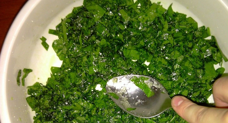 1. Этап. Пирожки со щавелем из дрожжевого теста: 1. Помоем и мелко нарежем щавель. Добавим к нему сахар. Перетираем так, чтобы выделился сок. Сюда же добавим и специи на ваше усмотрение.