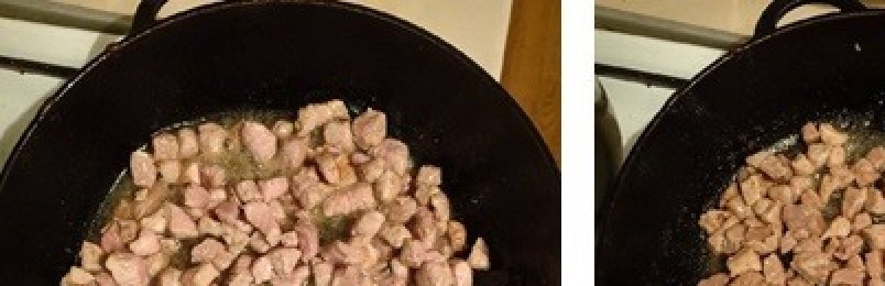 1. Этап. Фаршированные кабачки под сырной корочкой: Обжарить на растительно масле мясо до золотистой корочки, слегка присолить, затем убрать его со сковороды.