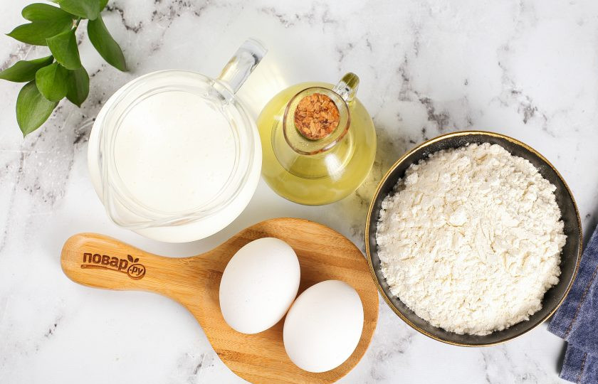 1. Этап. Блины из блинной муки на кефире: Подготовьте все ингредиенты.
