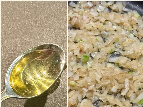 1. Этап. Солянка. Семужий бульон и прочее: Неполную ложку растительного масла хорошо разогреваю на сковороде. Именно разогрел. Никаких раскалил. И мелко нарубленную луковицу в масло выложил. На нагреве «ниже среднего», постоянно помешивая, довожу до предпрозрачности. Умягчаю и выпариваю резкий луковый аромат. Не надо ничего жарить или там обжаривать. Просто сделайте, как предлагаю.