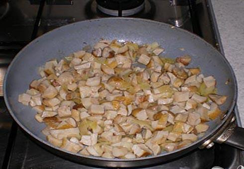 1. Этап. Ризотто с кроликом: 2. В то время когда варится бульон, очищаем лук и нарезаем его небольшими кубиками. Обжариваем на сковороде. Очищаем грибы (можно брать любые) и нарезаем небольшими кубиками. Обжариваем до полуготовности на сковороде в оливковом масле.