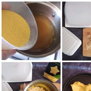 1. Этап. Кукурузная лепёшка из поленты: Сыр нужно натереть вначале перед варкой каши и приготовить сливочное масло. Варим очень густую кукурузную кашу. Бульон берите любой, какой у вас есть в наличии. У меня овощной. Можно даже использовать любой бульонный кубик. Если бульон не солёный, то посолите его по вкусу. Доводим бульон до кипения и тоненько, постоянно мешая в кастрюле, всыпаем поленту. Каша очень густая. Так же, постоянно мешая, варим её пару минут. Снимаем с огня и выкладываем в неё натёртый сыр твёрдый и сливочное масло. Тщательно вымешиваем. Берём противень, застелим его пекарской промасленной бумагой или возьмём антипригарную форму. Я взяла форму для пиццы D-24 см. Выложила кашу на него.