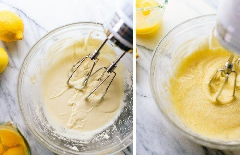 1. Этап. Медово-лимонный курд: 2. Когда масса станет пышной, по одному введите яйца и желтки, продолжая взбивать.