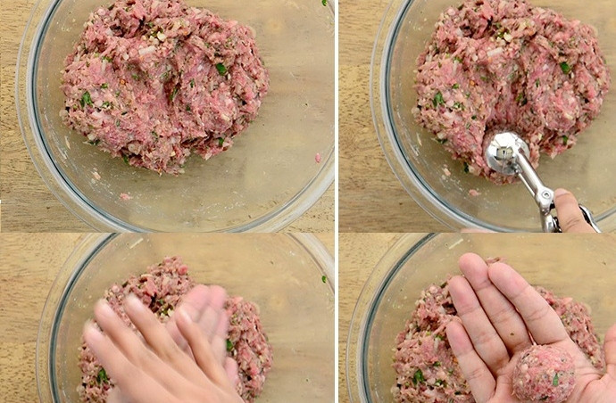 1. Этап. Греческие фрикадельки из баранины: 3. Из фарша сформируйте небольшие шарики. Поставьте фрикадельки в духовую печь при температуре 220 градусов на 15-20 минут.