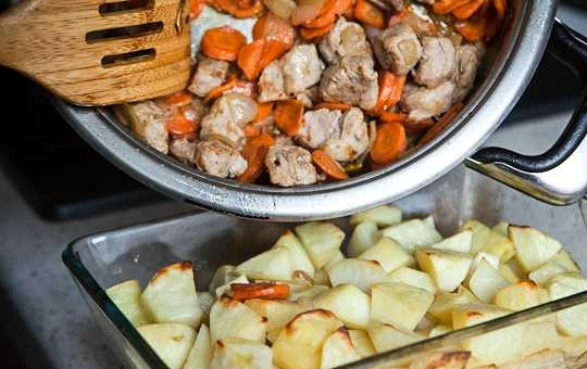 1. Этап. Запеченное мясо с картошкой: 8. Достаньте из духовки форму, выложите сверху мясо.