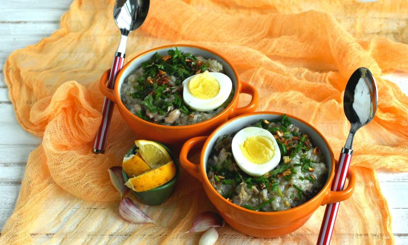 1. Этап. Филиппинский Арроз Кальдо: Подавайте арроз кальдо горячим, добавив сваренное яйцо, щедро посыпав хрустящим жареным чесноком, рубленым зеленым луком и кинзой, а также сбрызнув лимонным соком и рыбным соусом по вкусу. Приятного аппетита!